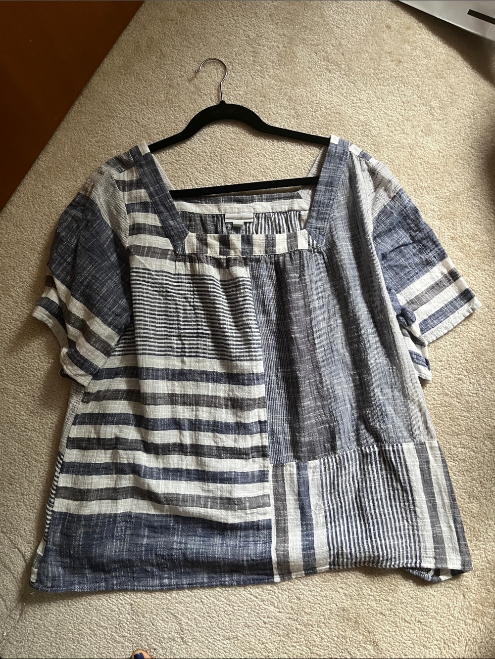 J. Jill Blue and White Striped Patchwork Square-Neck Top